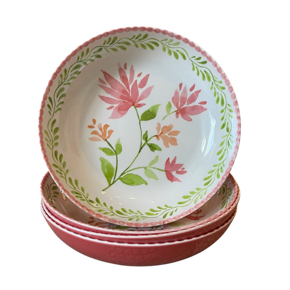 Soho Loft Floral Melamine Bowls 9in Round Pink & Green Set of 4 New